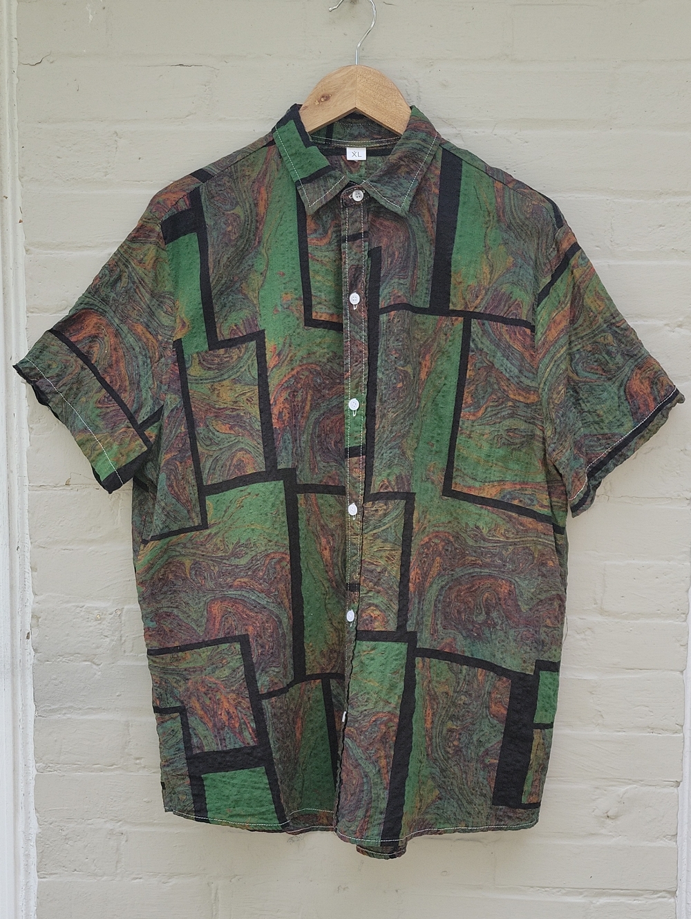 Mens XL Abstract Squares Green Brown Cotton/Poly Button Front Casual Shirt